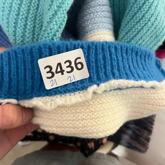 Womens Blue Ivory Knit Sweater Small Balloon Long Sleeve Mock Neck Colorblock - Picture 6 of 7